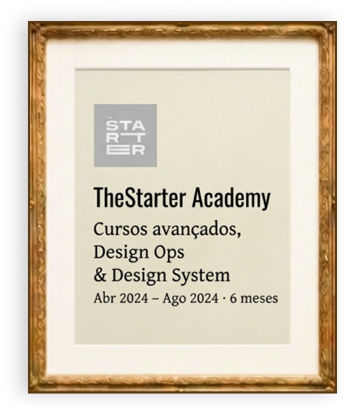 Certificado: TheStarter Academy — Cursos avançados, Design Ops & Design System, Abr 2024 – Ago 2024, 6 meses