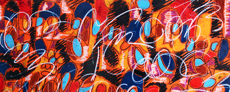 Pintura de Rafael Lucchesi com traços coloridos e formas abstratas